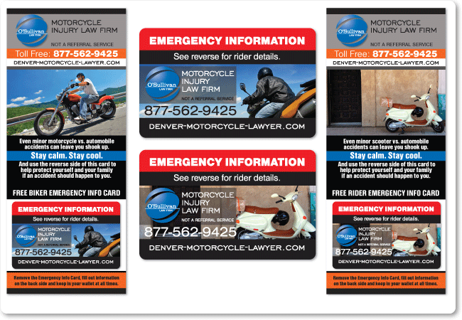 Samples of emergency biker cards and packet for Denver Motorcycle Lawyer